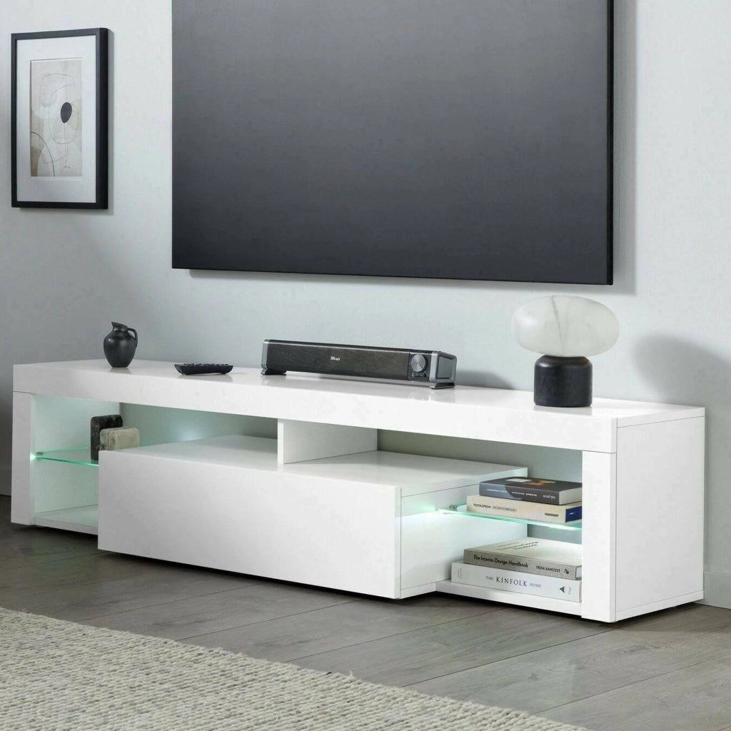 Mobile porta TV Ivy, Base porta TV, Credenza bassa da soggiorno a 1 anta, 100% Made in Italy, 160x40h35 cm, Bianco lucido