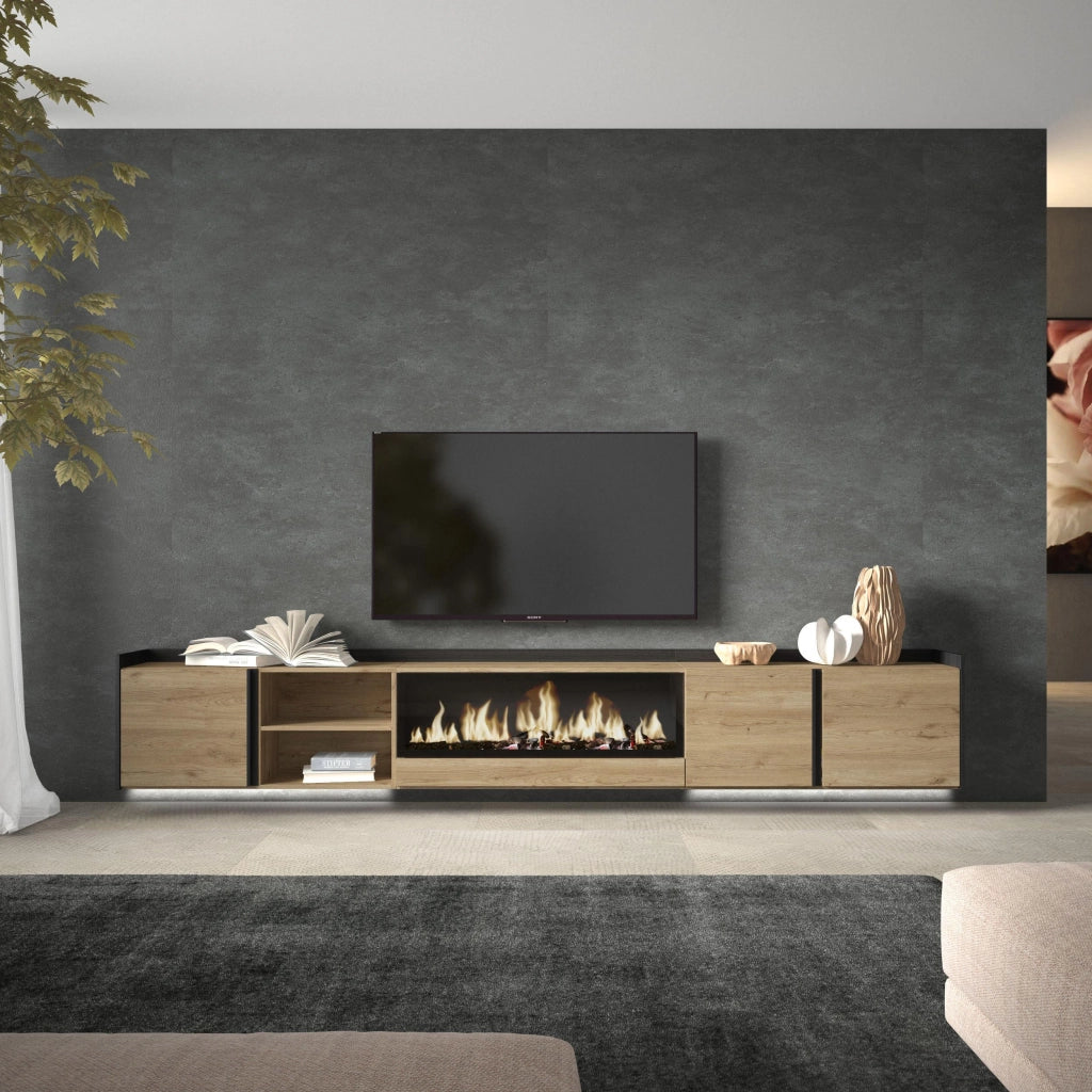Mobile TV Soggiorno, 315x50x35 cm, Per TV fino a 80", Camino elettrico XXL, Sospeso, da appendere, LED, Rovere e nero