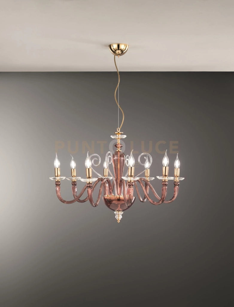 LAMPADARIO DEBUSSY 8 LUCI BORGOGNA E ORO ATTACCO E14 D.84CM