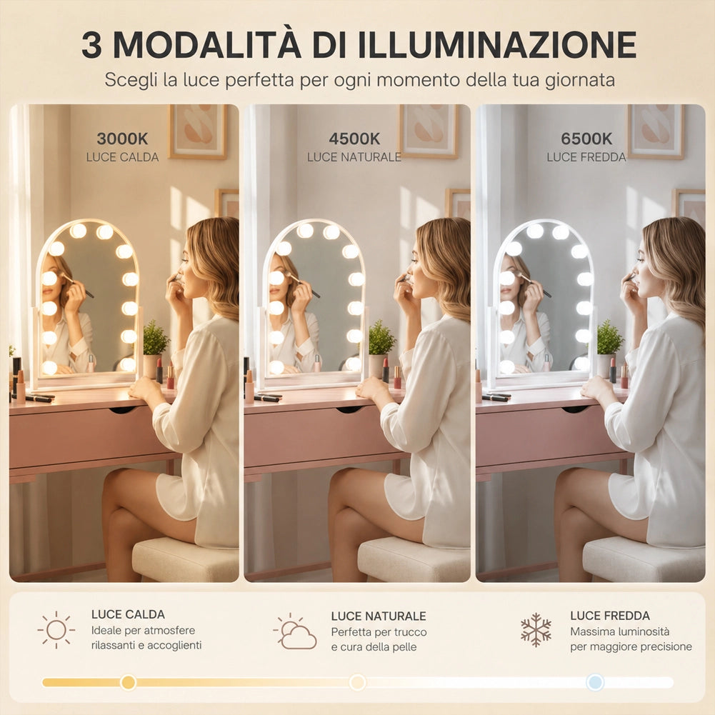 Specchio ad Arco da Tavolo Struttura in Alluminio e Led a Bulbi 3 Colori 30x40cm