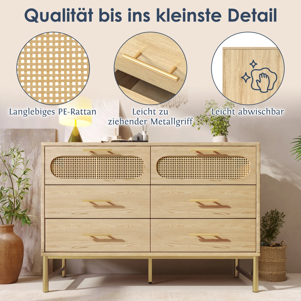 Comò con 6 Cassetti e Dispositivo Antiribaltamento per Camera e Soggiorno in Metallo e Pannelli; 120 x 40 x 74 cm Rovere Sonoma