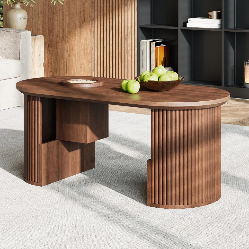 Tavolino da caffè 105x50x46.5 cm; ovale con vani portaoggetti; MDF; colore noce