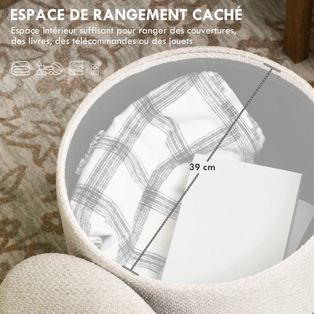 Pouf con contenitore ¨C zephmum ¨C rotondo, in legno, colore crema