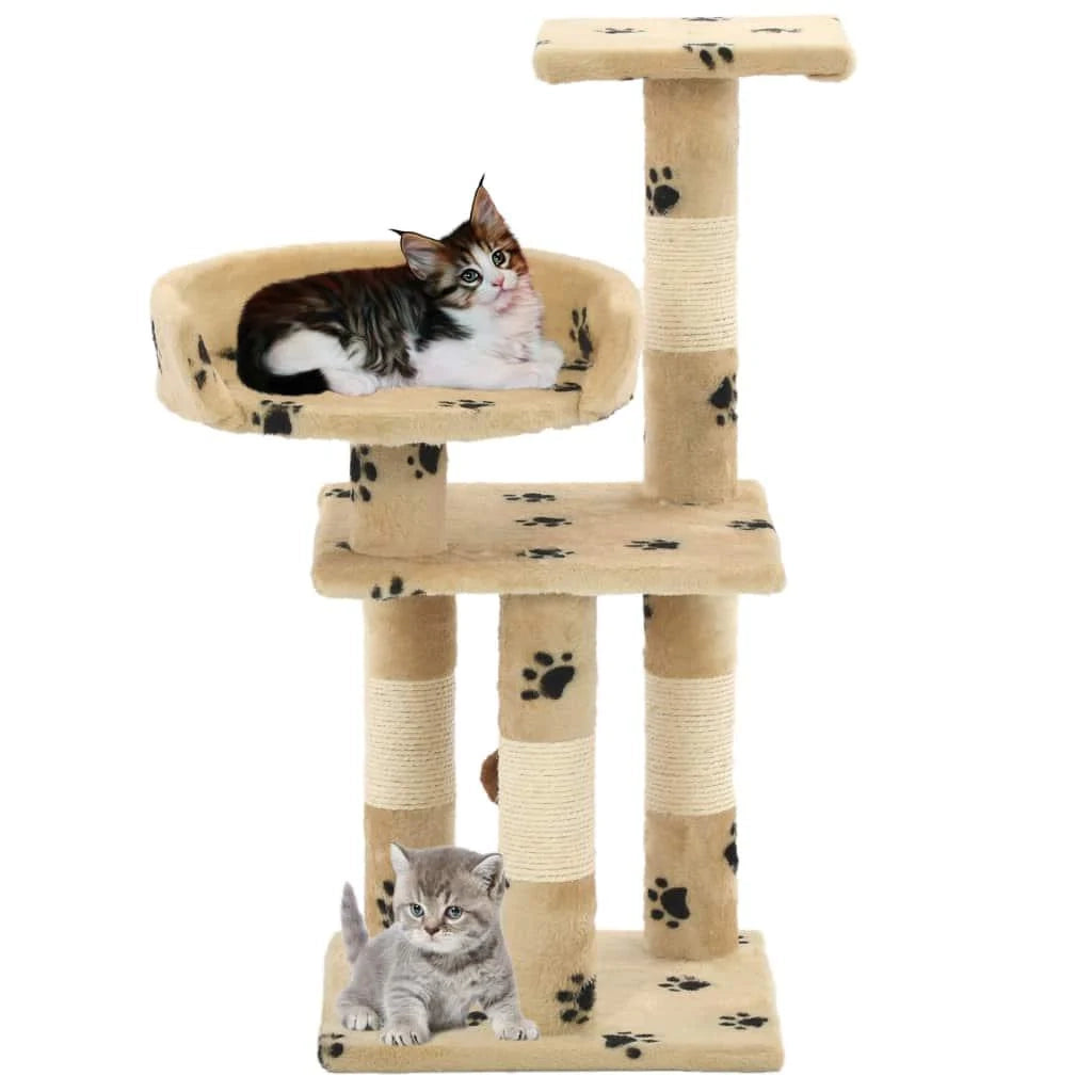 Tiragraffi albero per gatti cuccia per gatti peluche in sisal 65 cm beige con motivo a impronta di zampa 3702044