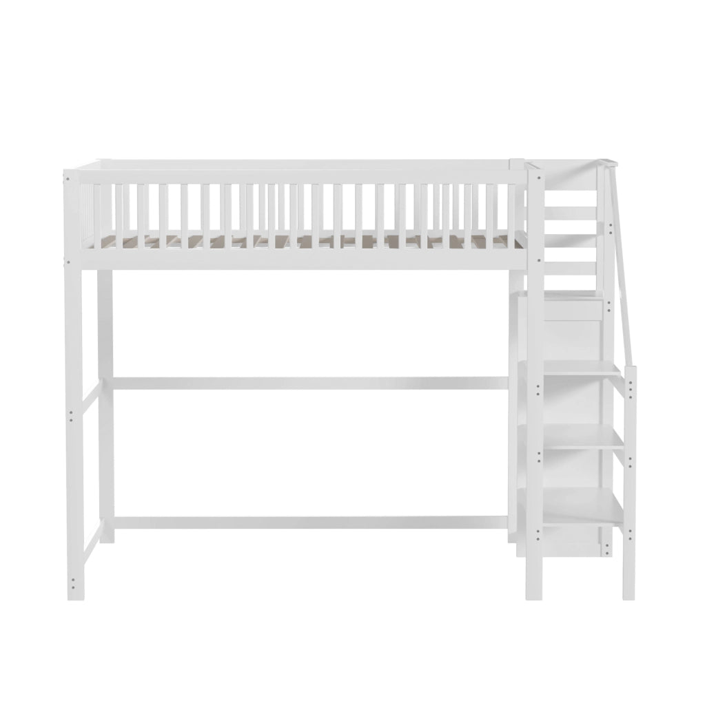 Letto a soppalco 140x200 cm bianco – scala contenitore, senza materasso