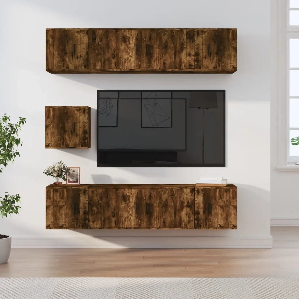 Set di Mobili Porta TV 7 pz | Armadietto TV | Mobile Porta TV Rovere Fumo in Legno Multistrato