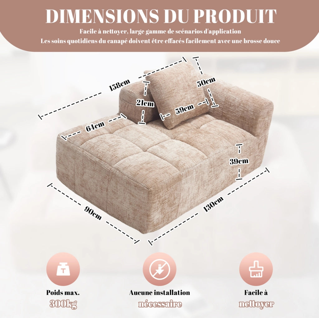 Chaise longue imbottita in chenille color khaki; 158 x 90 x 60 cm; con tasche laterali e cuscino