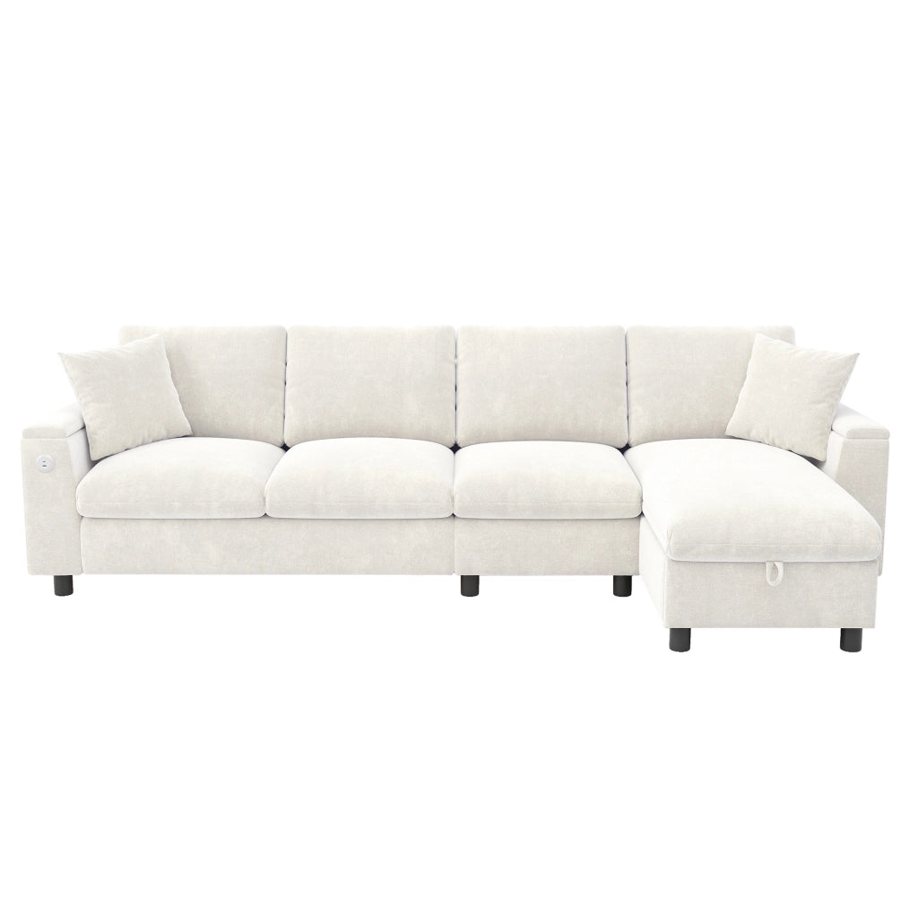Divano letto angolare 280x137x84 cm con tavolino ribaltabile e contenitore in chenille beige