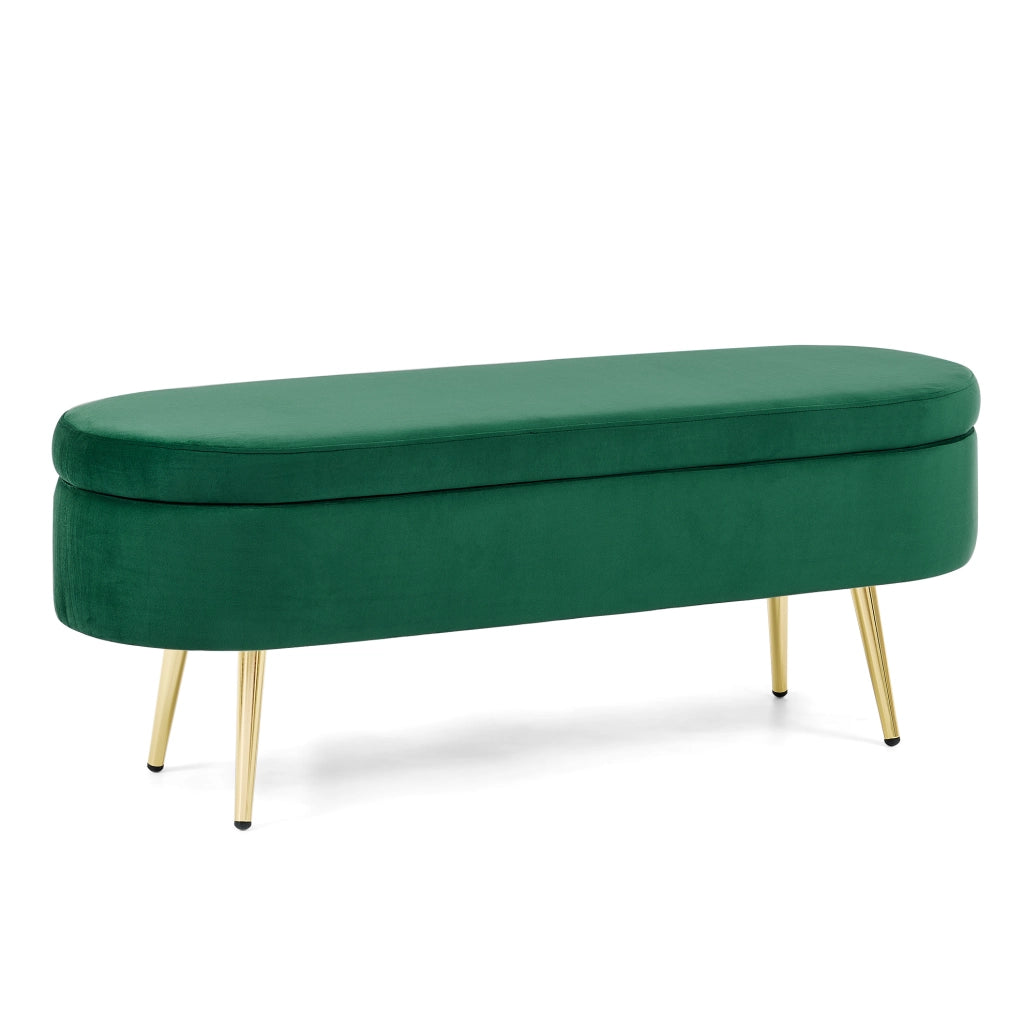 Panca contenitore ovale in velluto verde scuro 110x40x42 cm