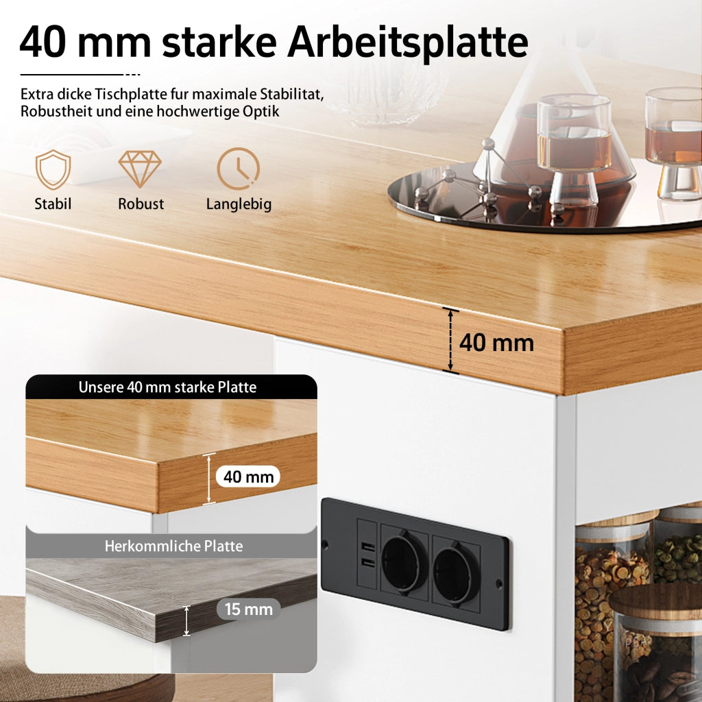 ISOLA DA CUCINA 155x80x90 cm Bianco MDF con LED, prese e vani aperti