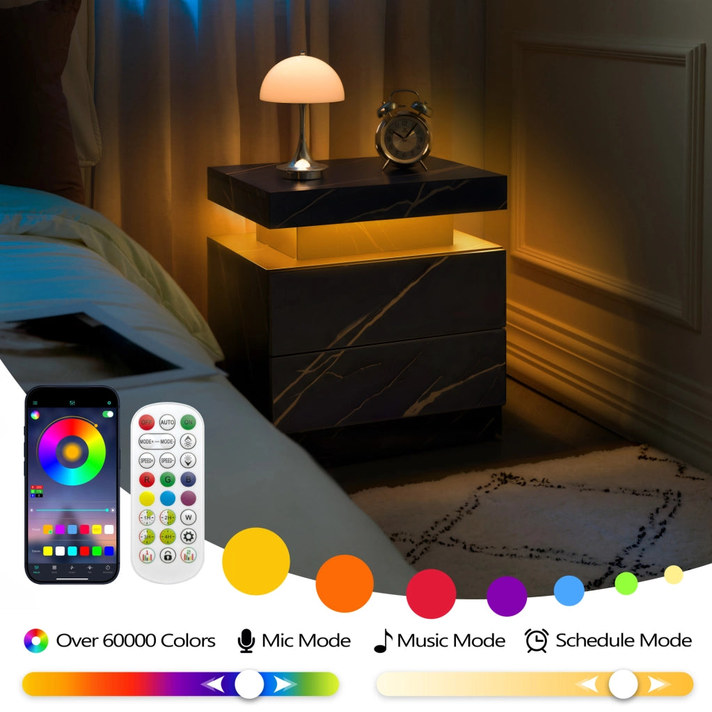 Comodino Moderno con Luci LED Regolabili e 2 Cassetti, Nero e Oro