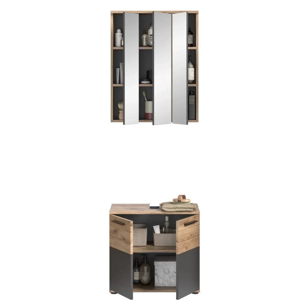 Set bagno: mobile sottolavabo + mobiletto di stoccaggio con specchi – Grigio antracite e rovere chiaro – SELMA
