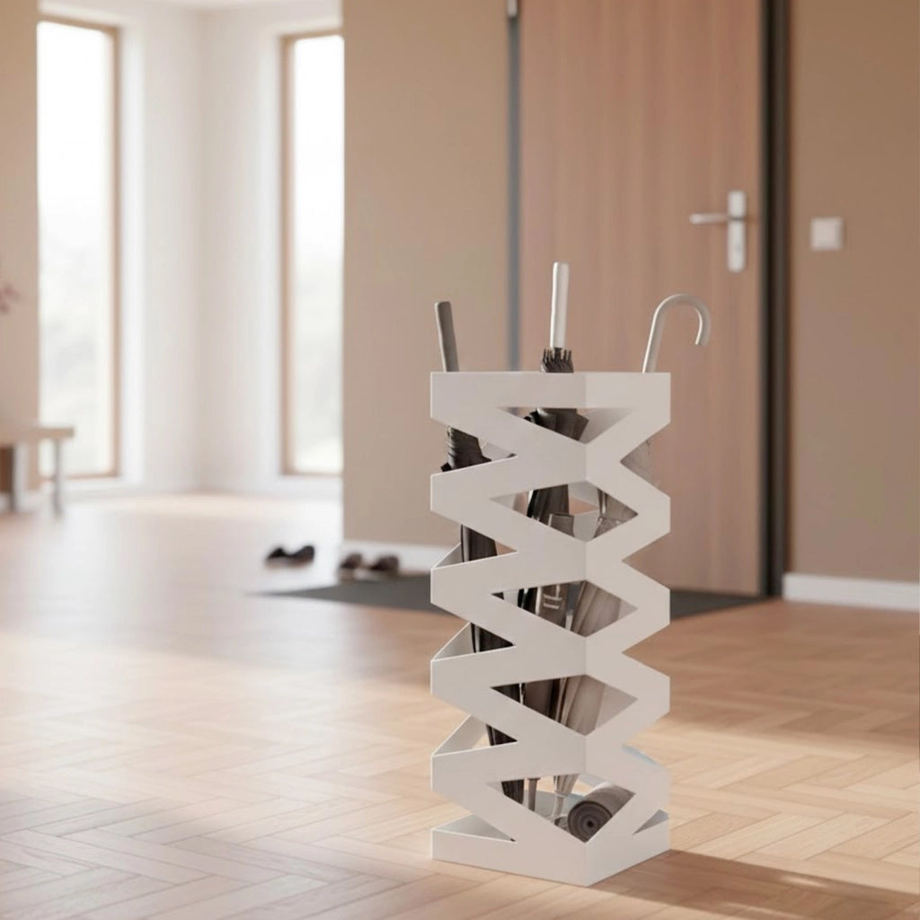 Portaombrelli In Acciaio Zincato Con Vaschetta Scolapioggia Base Antiscivolo Intarsi Decorativi 2 Ganci Removibili Per Ingresso Casa E Ufficio Design Moderno 49 X 15.5 X 15.5 Cm Bianco