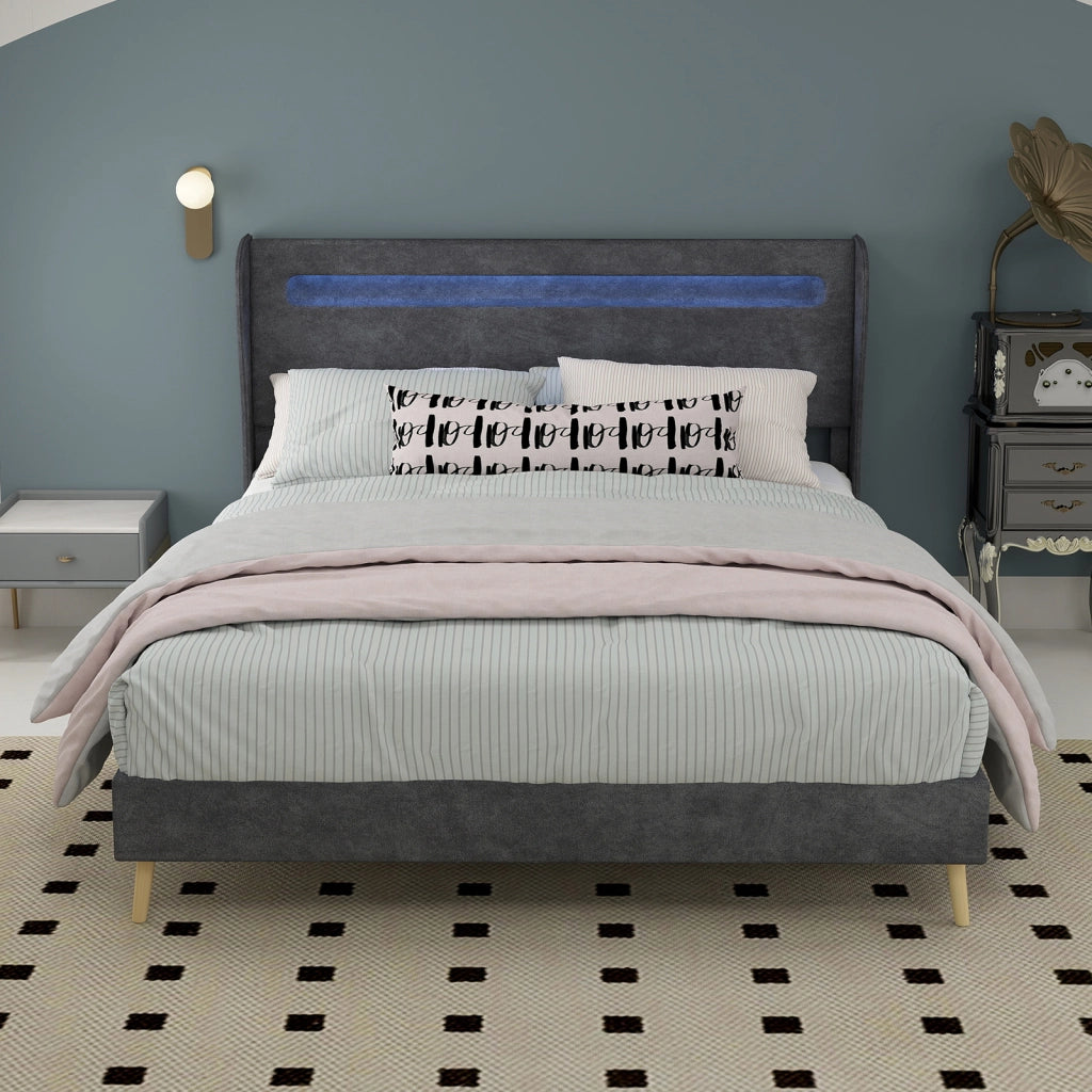 Letto Basso 140x200 cm - LED Regolabile; Schienale Regolabile - in Tessuto e Metallo Grigio