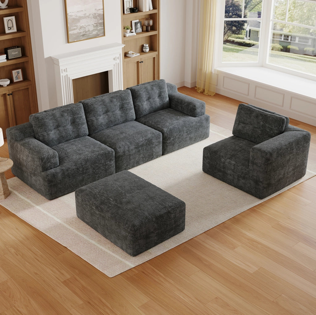 Divano modulare 5-6 posti in ciniglia grigio con pouf; 252x180x82 cm