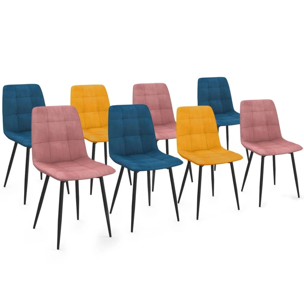 IDMarket - Set di 8 sedie MILA in velluto misto blu x3, rosa x3, giallo ocra x2