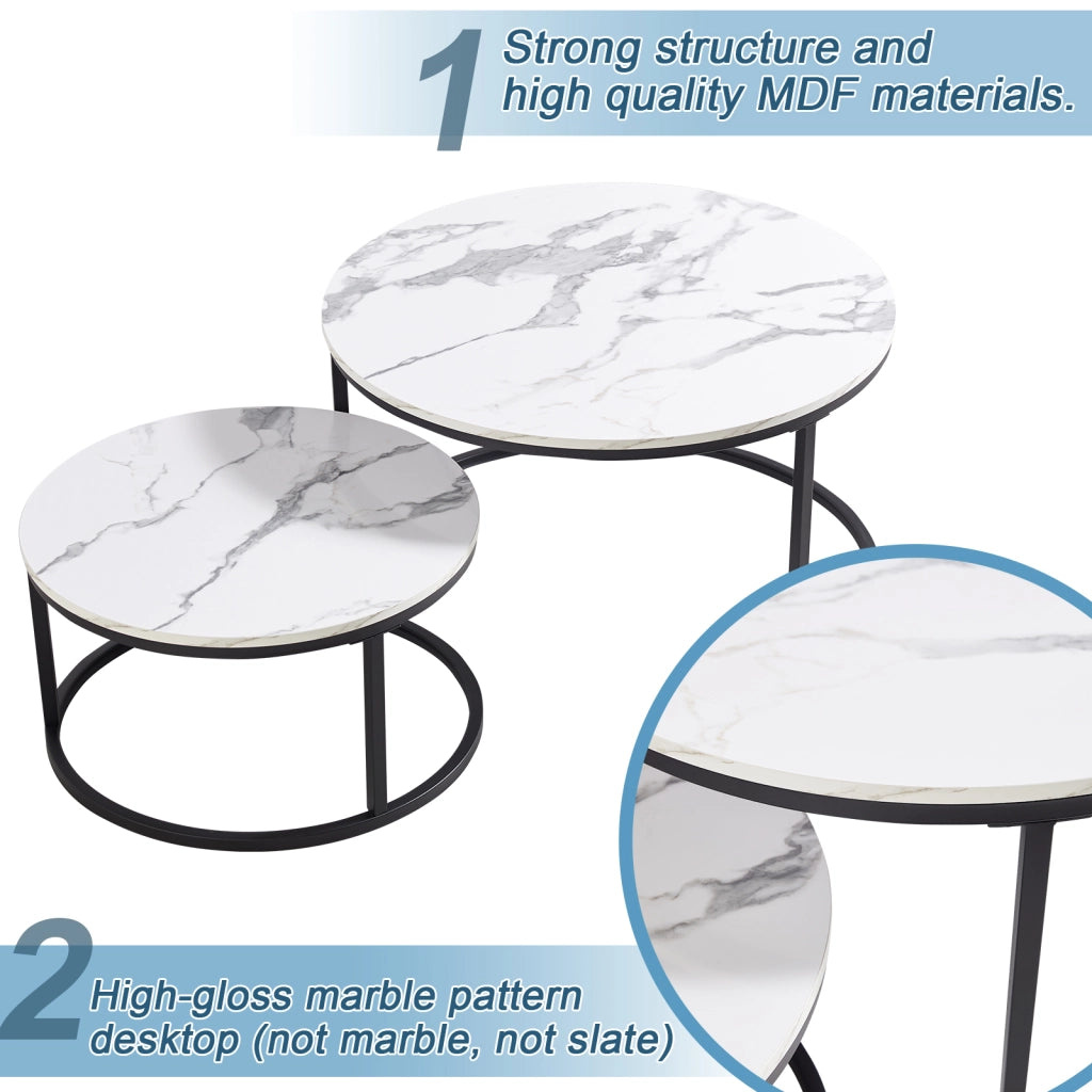TAVOLINO DA CAFFÈ Set 2 Pezzi 80x45 cm Effetto Marmo Bianco con Struttura Nera