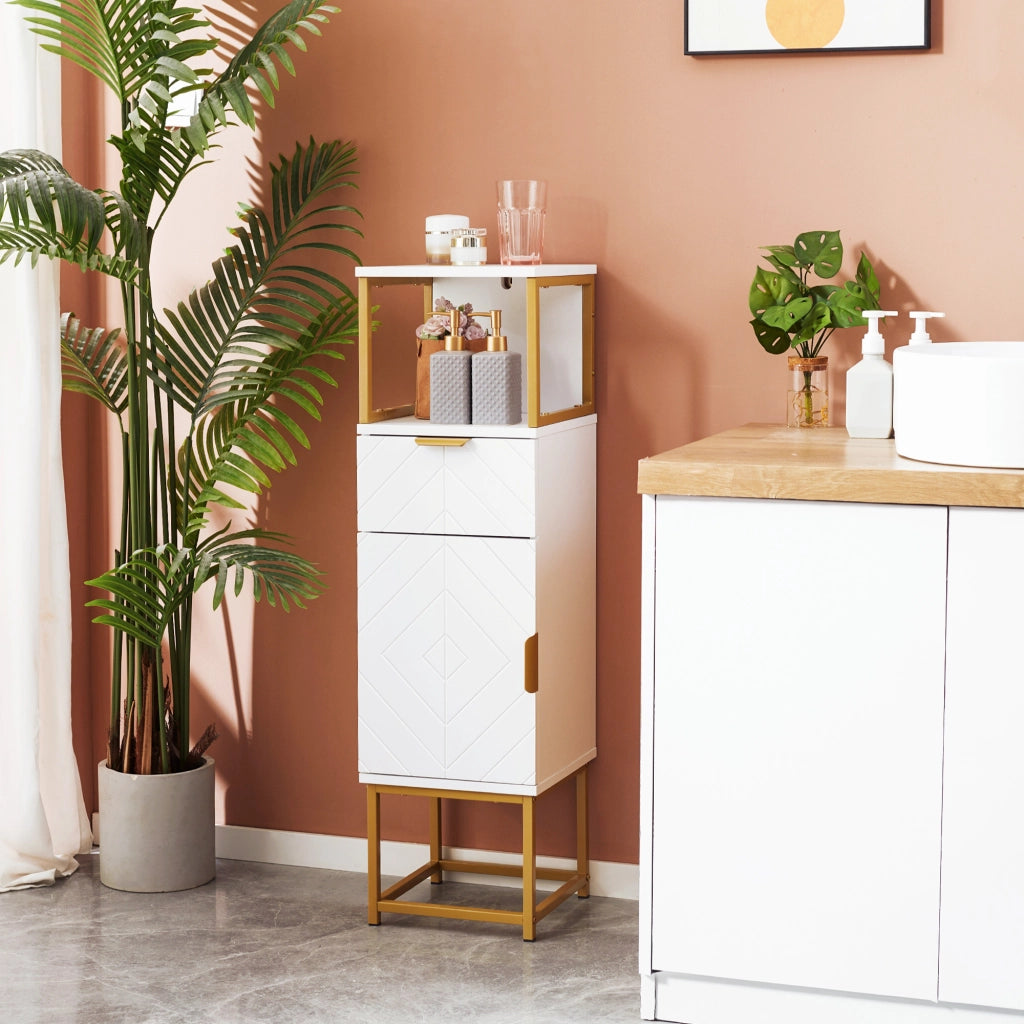 Mobile Bagno con Cassetto, Armadietto e Ripiano ¨C zephmum ¨C Legno e Metallo, Bianco, 30x30x105cm