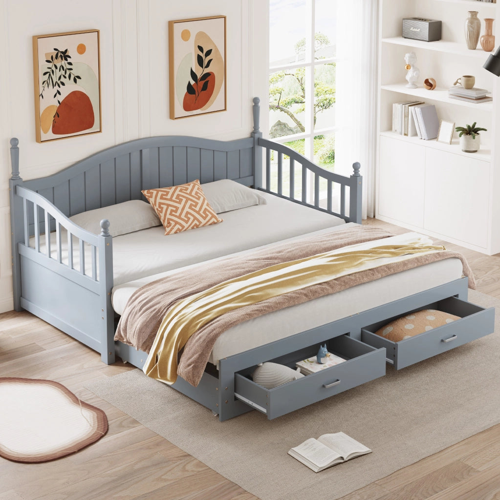 Divano letto estraibile 90/180 x 190 cm con cassetti e rete a doghe; grigio