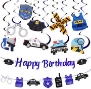 Decorazione per compleanno per la polizia, Happy Birthday, bandiera con viti pendenti, slitta, auto della polizia, slitta, per la polizia, compleanno, festa tematica, decorazione