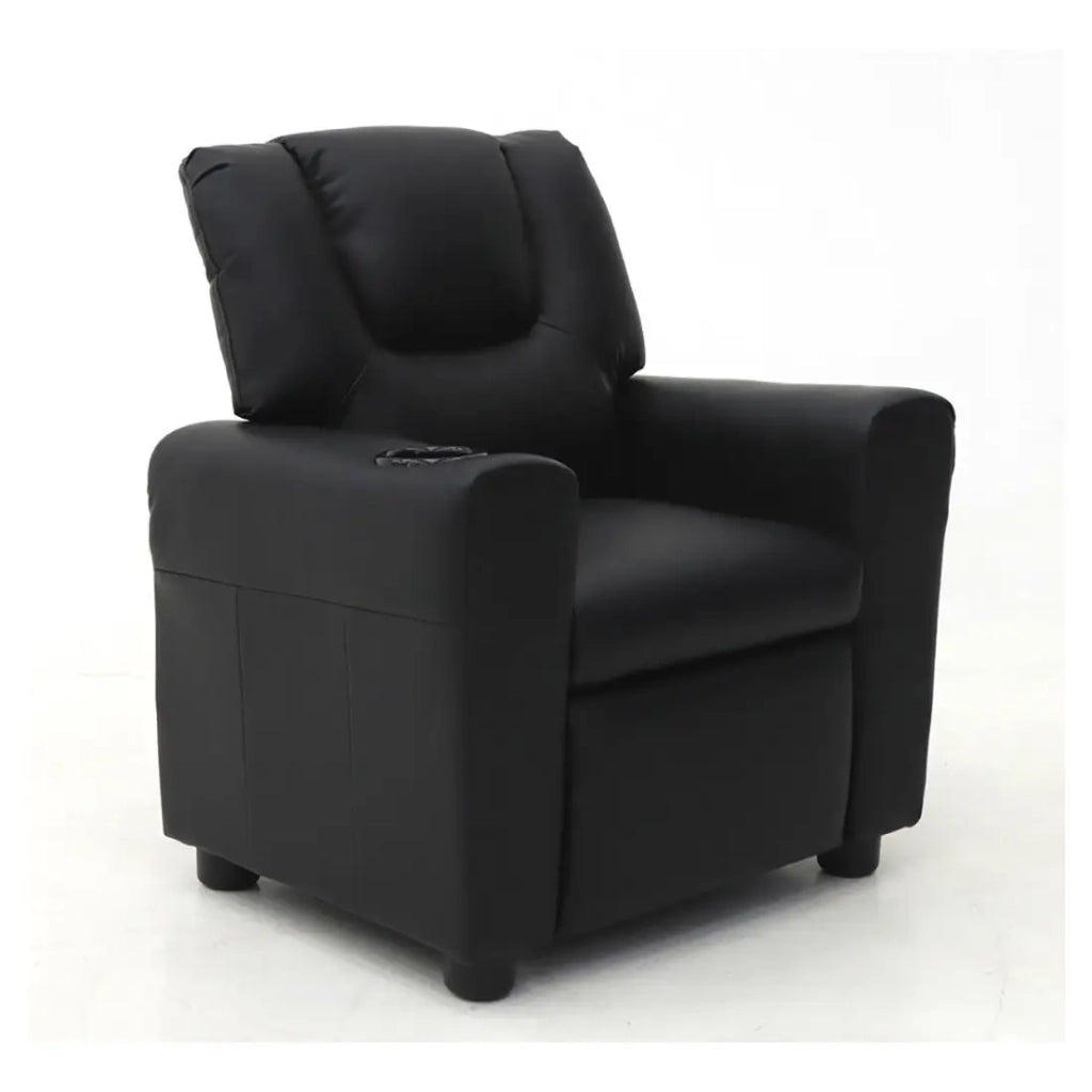Mini poltrona relax ITCHI reclinabile manualmente in materiale PU di colore nero.