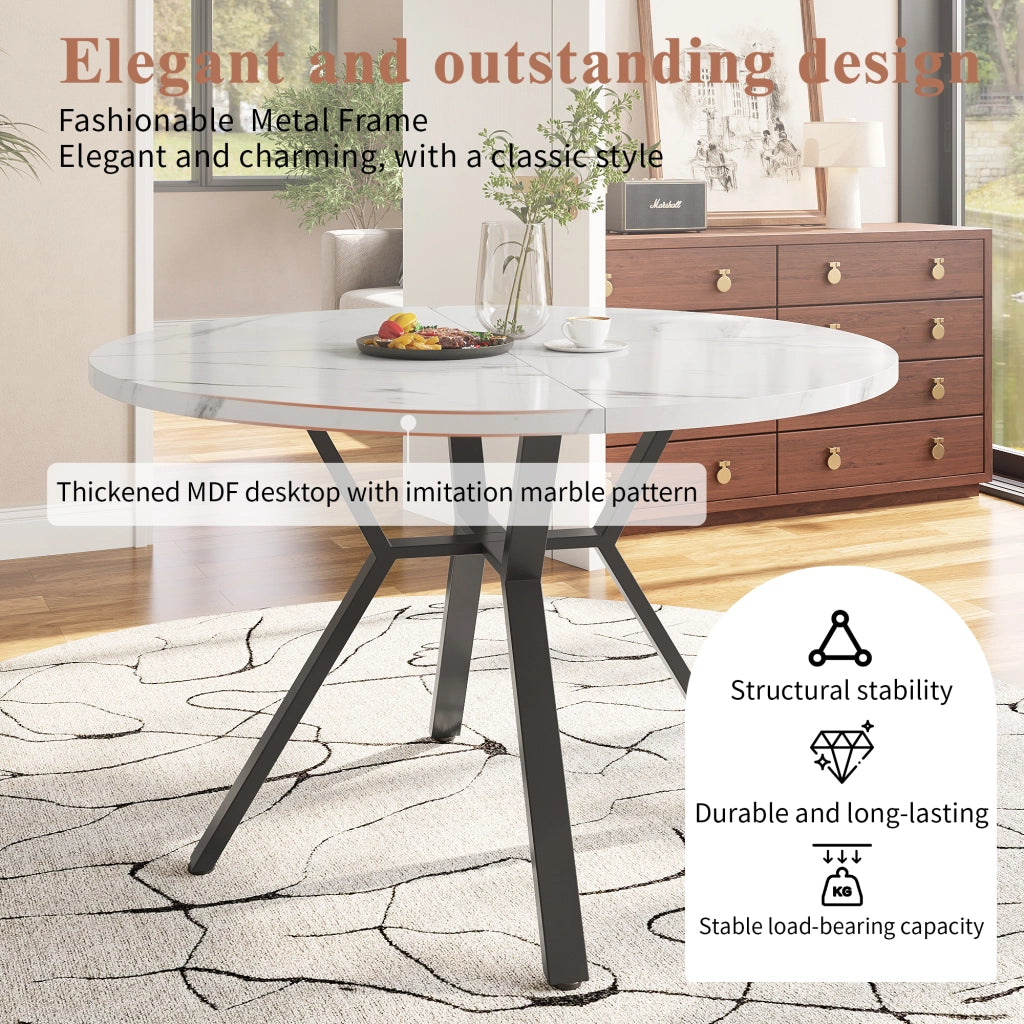 Tavolo da pranzo rotondo per 4 persone con 4 sedie ergonomiche, piano in MDF effetto marmo e base in metallo, nero