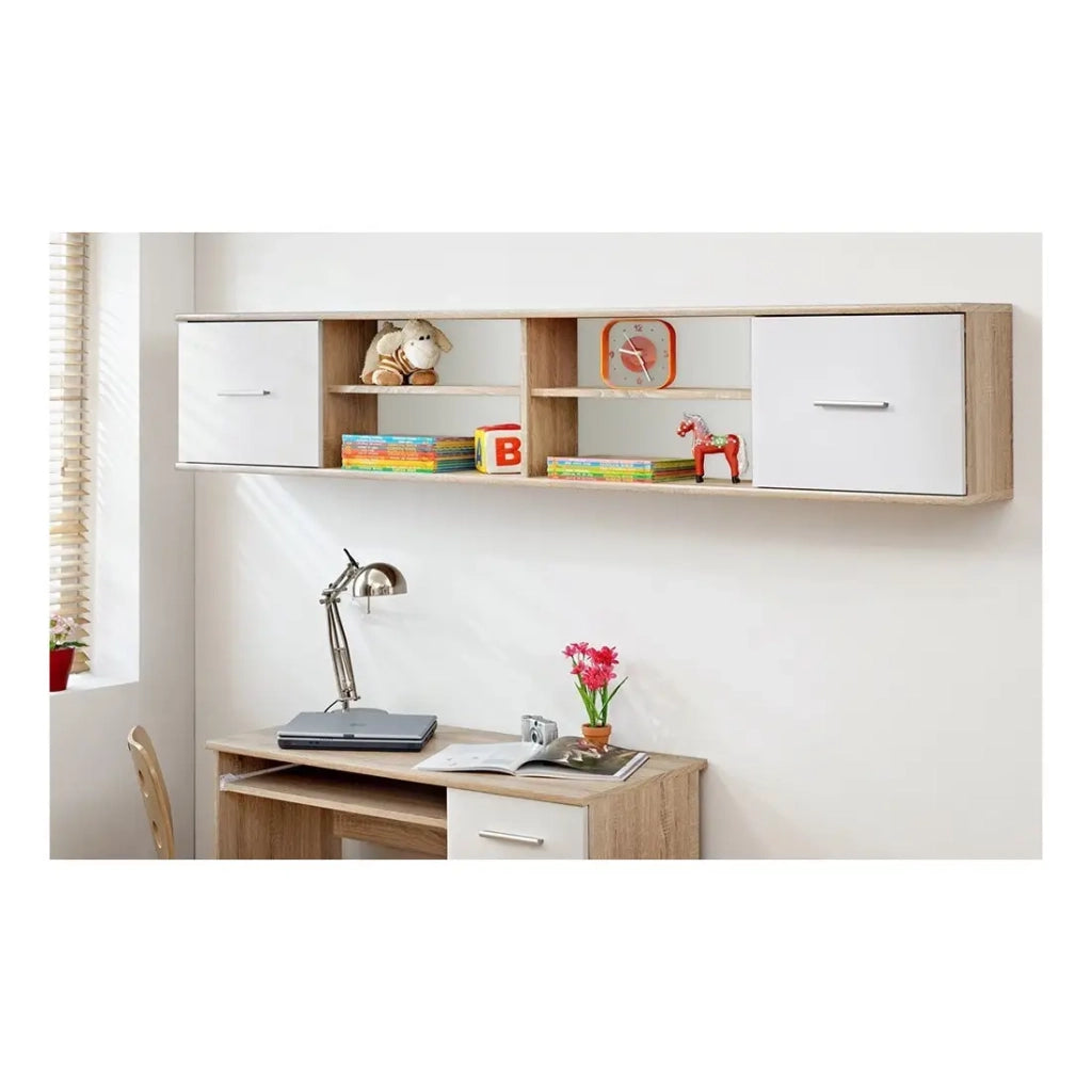 Scaffale sospeso DENVER – Rovere e bianco – 2 porte e 4 nicchie – Arredamento da parete design