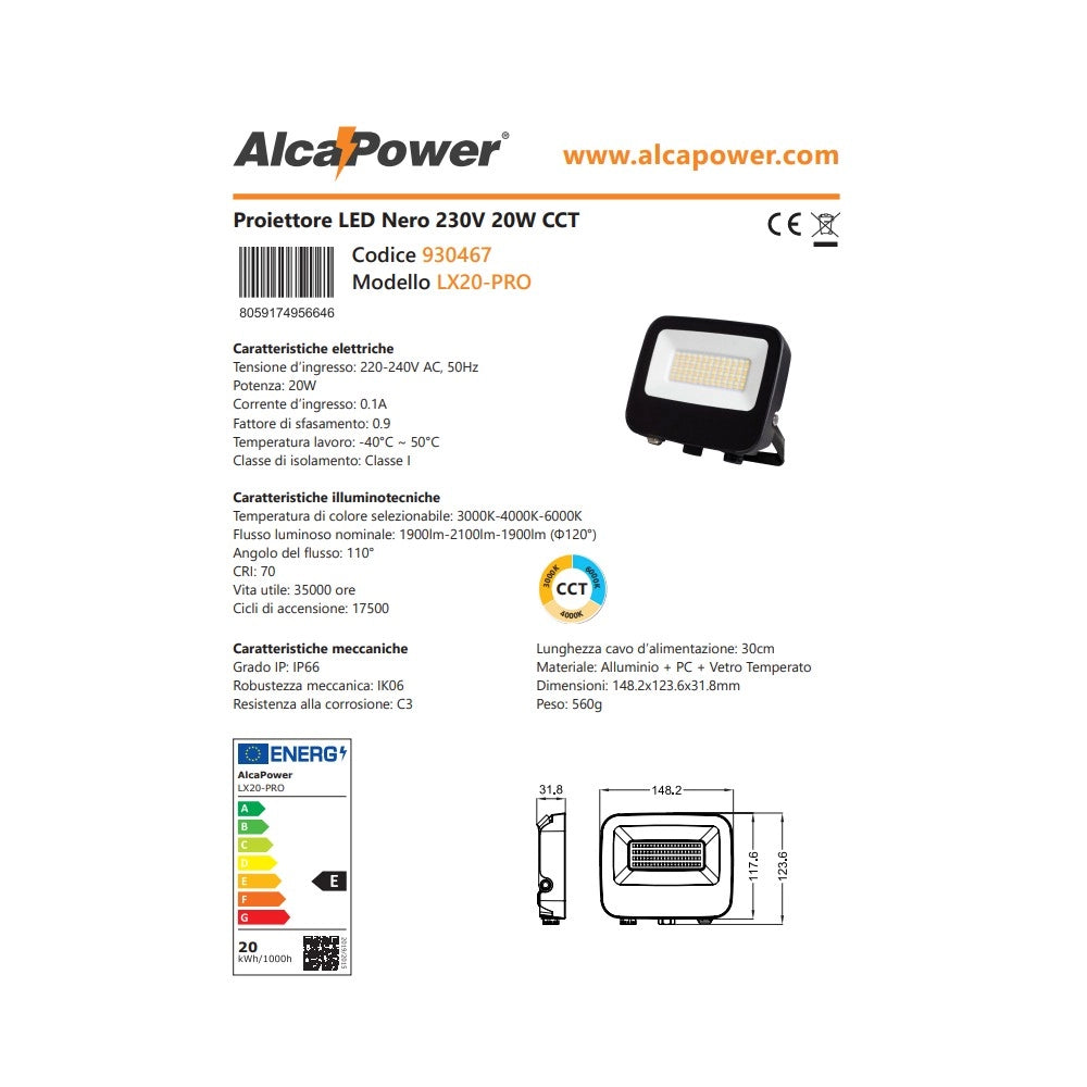 Alca power lx20-pro proiettore led da 20w a 220-240v temperatura di colore e flusso luminoso regolabile
