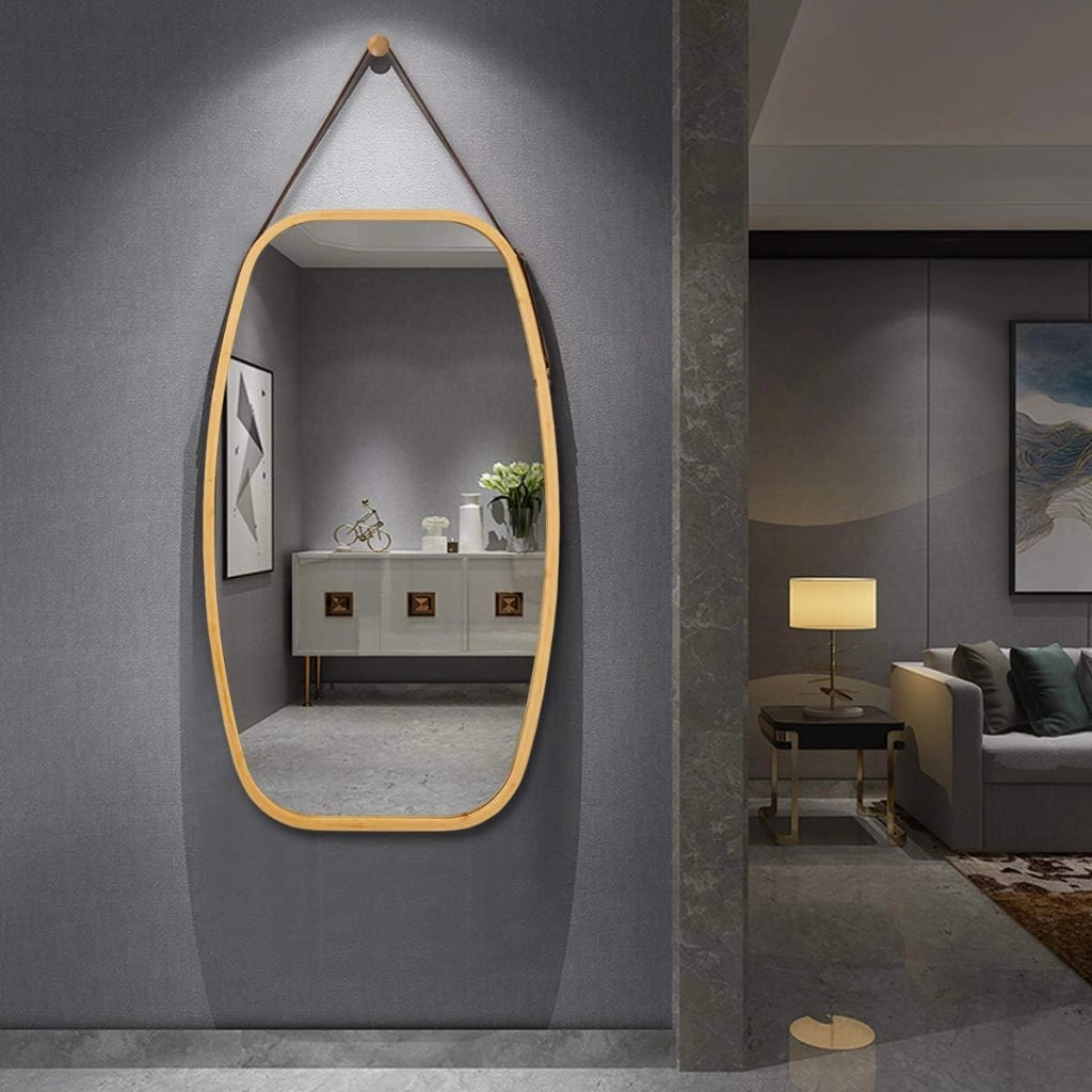 Specchio Ovale da Parete, Specchio Sospeso per Appendere, Cornice in bambù, Moderno, per Bagno Camera da Letto Soggiorno (77 x 44 x 1,5 cm)