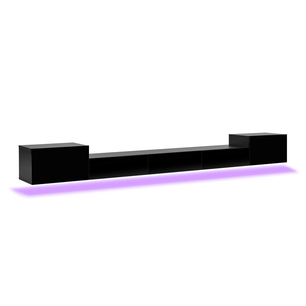 Mobile TV sospeso con 2 ante e 3 ribalte, LED multicolore e passacavi, finitura lucida, nero, 245 × 30 × 26 cm