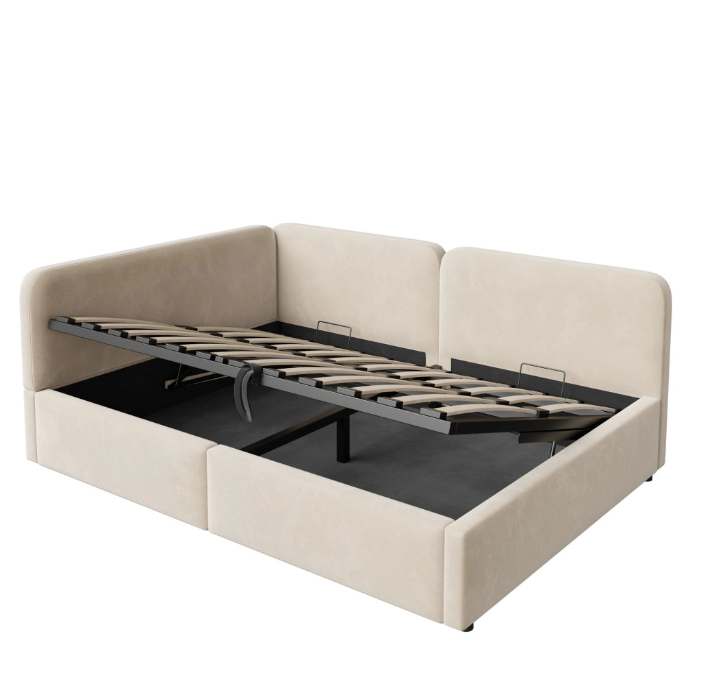 Letto divano imbottito 140x200 con vano contenitore idraulico beige