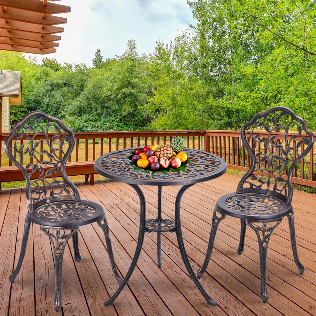 Set tavolo e 2 sedie da giardino, Tavolo e sedie esterno da caff¨¨ in metallo Bronzo-Set mobili da esterno