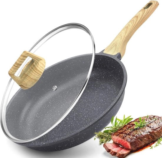 Antiaanbakpan 28 cm con coperchio - Rivestito in granito - Induzione - PTFE libero - Grigio