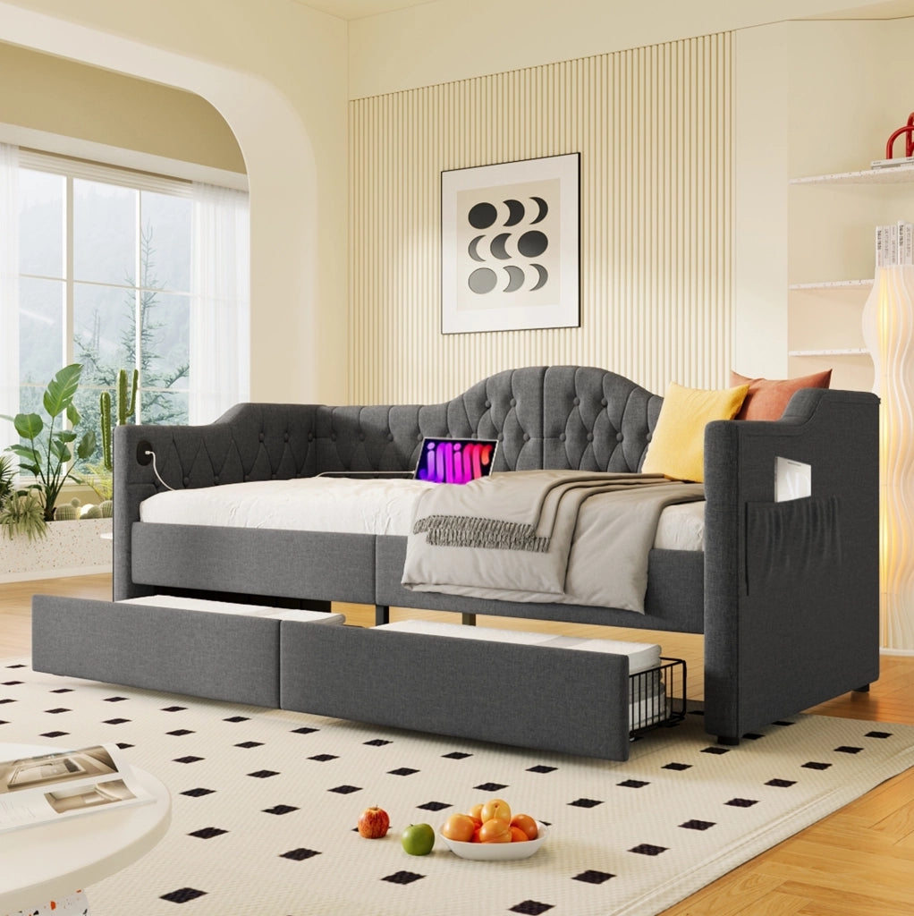 Letto singolo imbottito 90x190 cm grigio con USB-C e cassetti