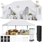 Gazebo 3x6 Pieghevole Impermeabile, altezza 290–300–310 cm, Protezione UV 50+, Tenda con 4 Pareti Laterali, 12 Ganci, 6 Corde e 6 Sacchi di Sabbia, Gazebo da Giardino per Campeggio, Matrimoni, Bianco