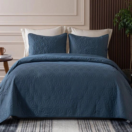 Letti Flottanti Coperte 220x240 cm con 2 copri cuscini - Coperta morbida e leggera con disegno geometrico per 4 stagioni, blu marino