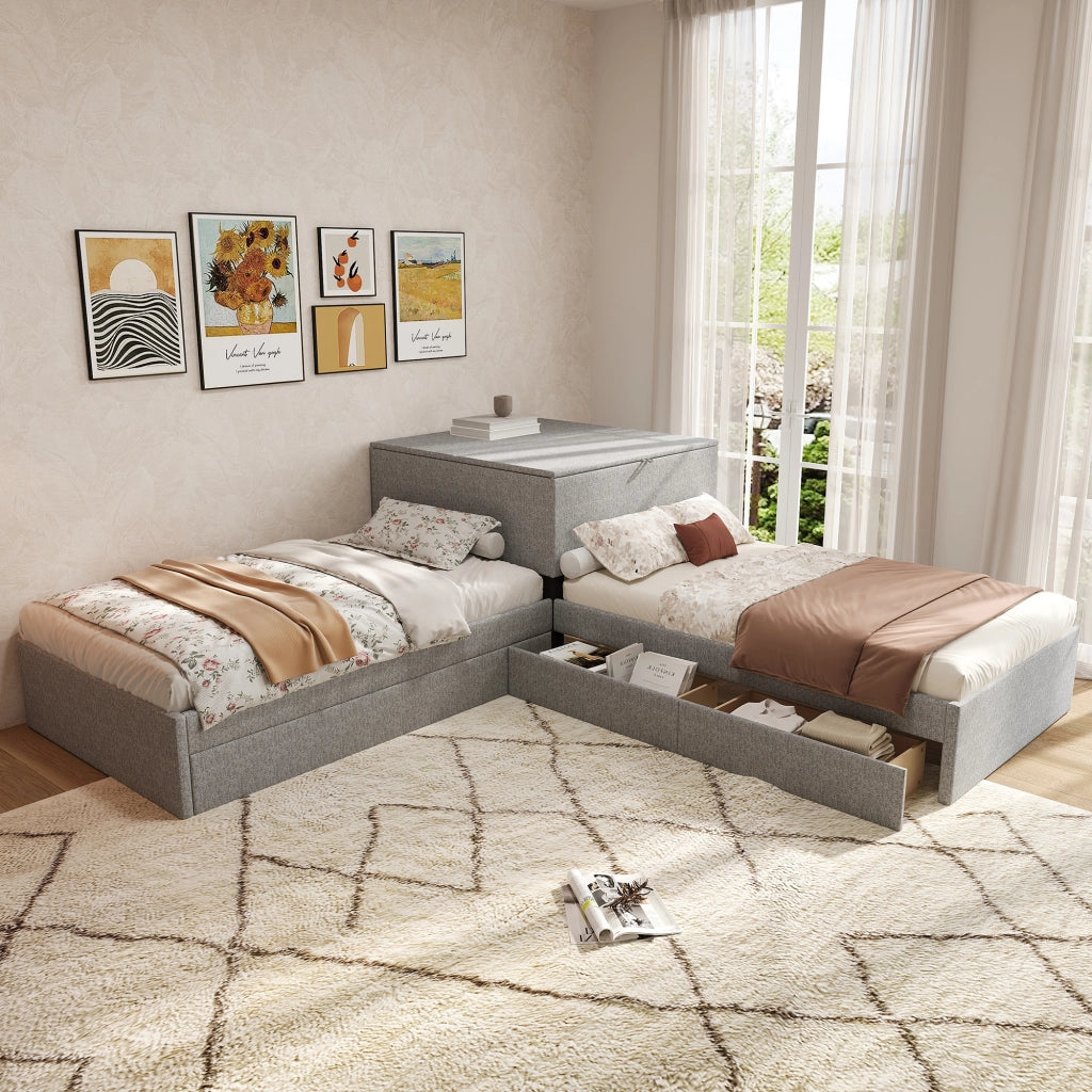 LETTO angolare con letto estraibile 90x200 cm lino grigio