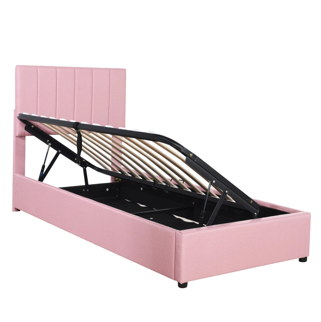 Letto imbottito singolo 90x200 cm con contenitore idraulico rosa