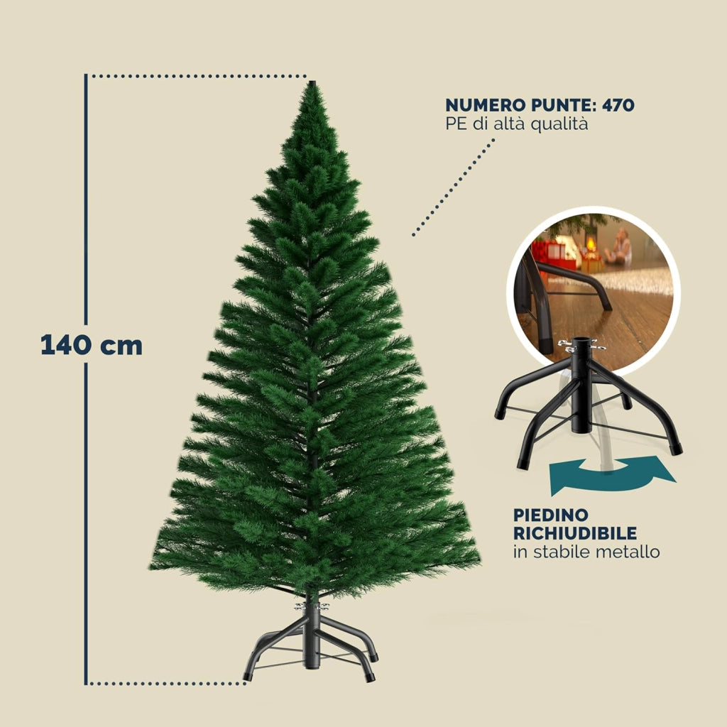 ® Albero di Natale Finto Verde 140 cm 470 Punte Incl. Base in Metallo Abete Artificiale PVC Effetto Realistico