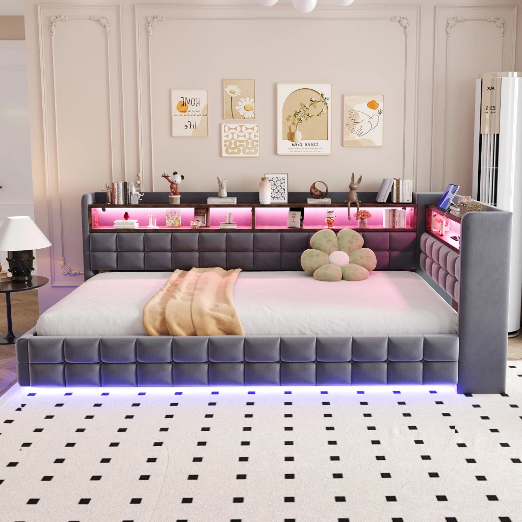 Letto imbottito singolo 90×200 cm con contenitore; LED; USB; tipo C; ripiani; senza materasso; grigio