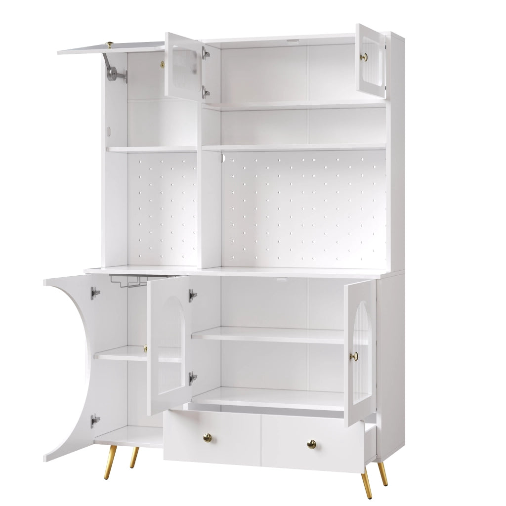 Credenza alta con LED e prese USB in MDF e vetro, con ripiani e cassetto, bianco per cucina e soggiorno 120 × 40 × 176 cm