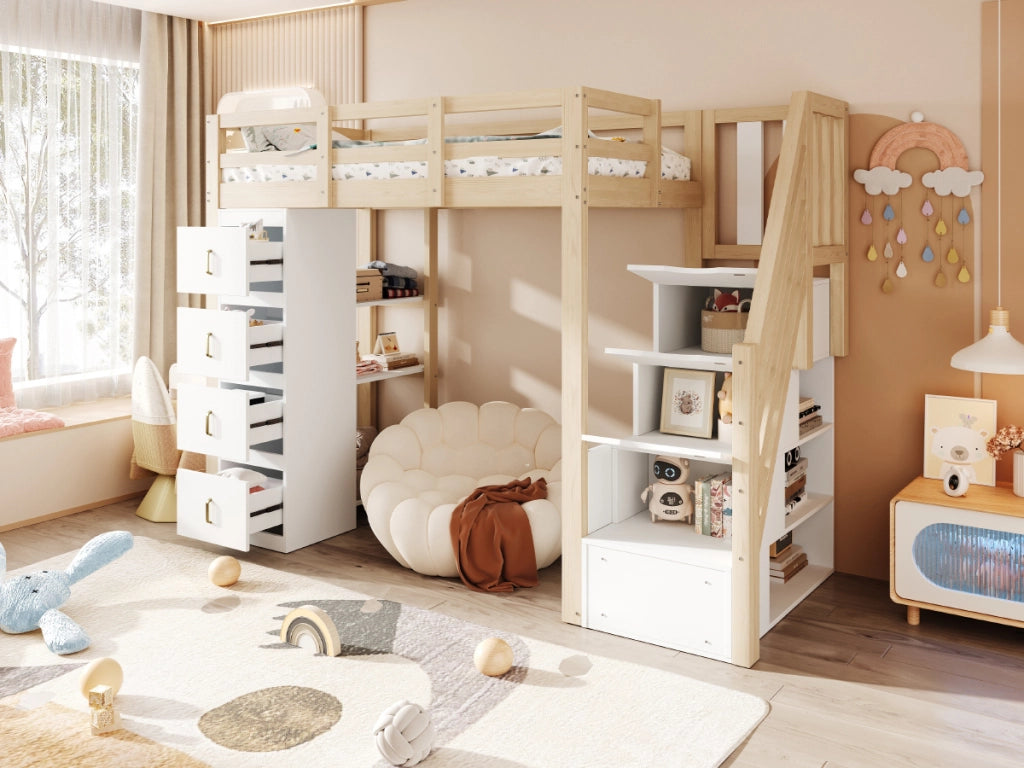 Letto a soppalco 90 × 200 cm con 4 cassetti, scaffale a 3 ripiani e scala con vano, senza materasso, in legno naturale