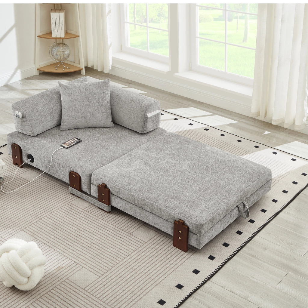 Divano letto pieghevole 2 in 1 con porte USB e Type-C, tasche laterali e box contenitore in tessuto light grey