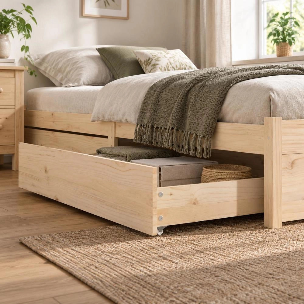 Bed Drawers, 2 Pieces, Solid Pine Wood