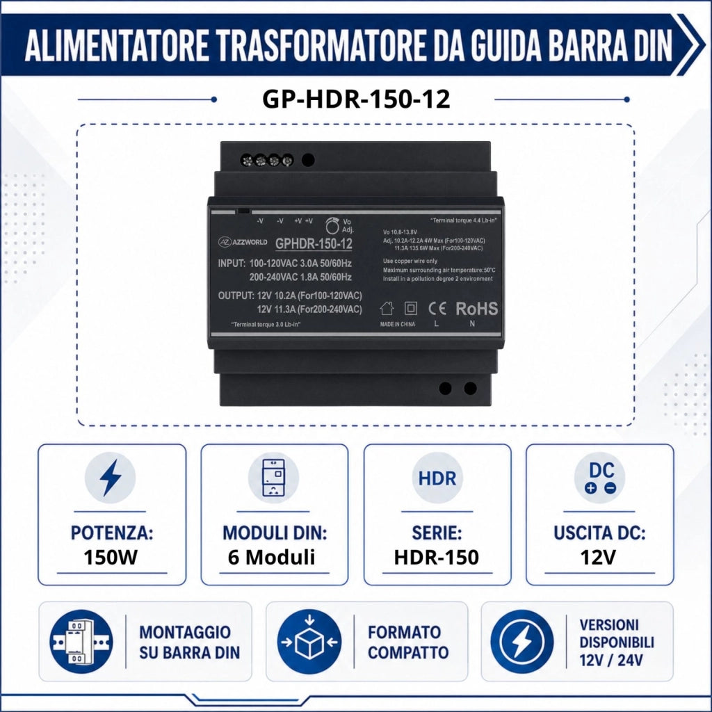 Alimentatore Trasformatore Da Guida Barra DIN 150W, 6 Moduli, Serie HDR-150, Disponibili DC 12V 24V (DC 12V)