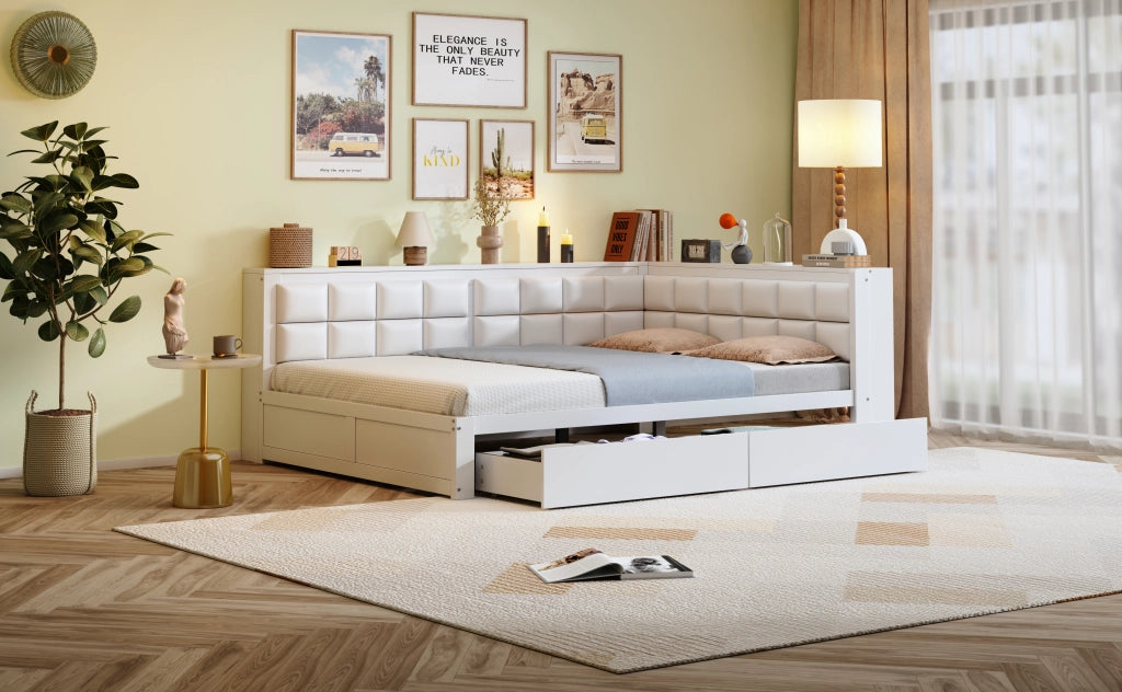 DESMIU Letto a banquette 140 × 200 cm 2 posti con 2 cassetti, schienale imbottito, senza materasso, in legno, bianco