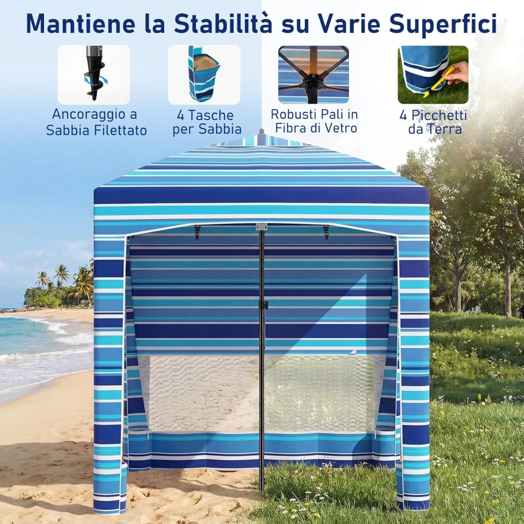 Tenda da Spiaggia Pieghevole, Tenda da Mare con Parete Laterale Rimovibile e Borsa Portatile, Regolabile in Altezza, per Spiaggia, Campeggio e Picnic (Blu Scuro+Bianco, 185 x 185 cm)