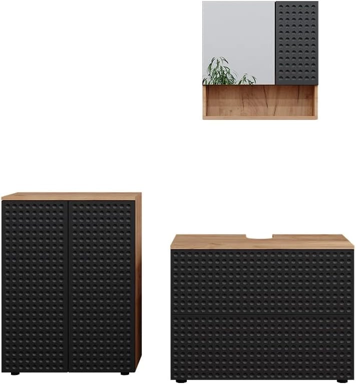 Set mobili bagno Irma, Antracite puntinato, 80 cm, composto da mobile sottolavabo, specchiera e mobile medio