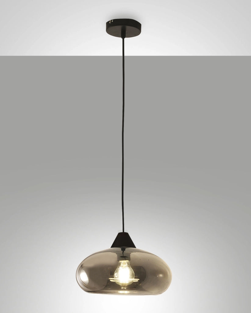Lampada a Sospensione Ela 27cm in Metallo e Vetro Soffiato Fumé, attacco E27, design moderno ed elegante per illuminazione d'interni