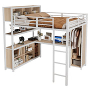 Letto a Soppalco 140 x 200 cm con Armadio; Scrivania; Contenitore e Scala; Bianco